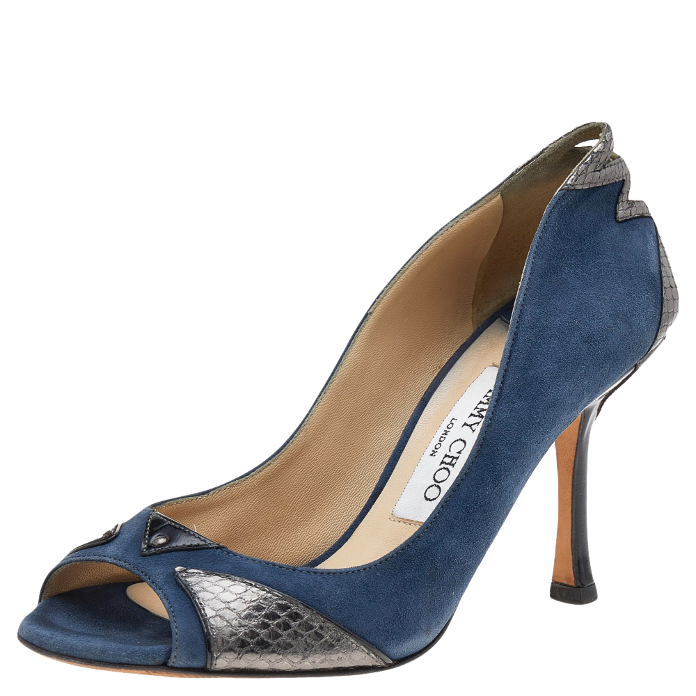luxury-women-jimmy-choo-used-shoes-p596784-002 Jimmy Choo Blue Suede and Snakeskin Peep Toe Pumps Size 36.5