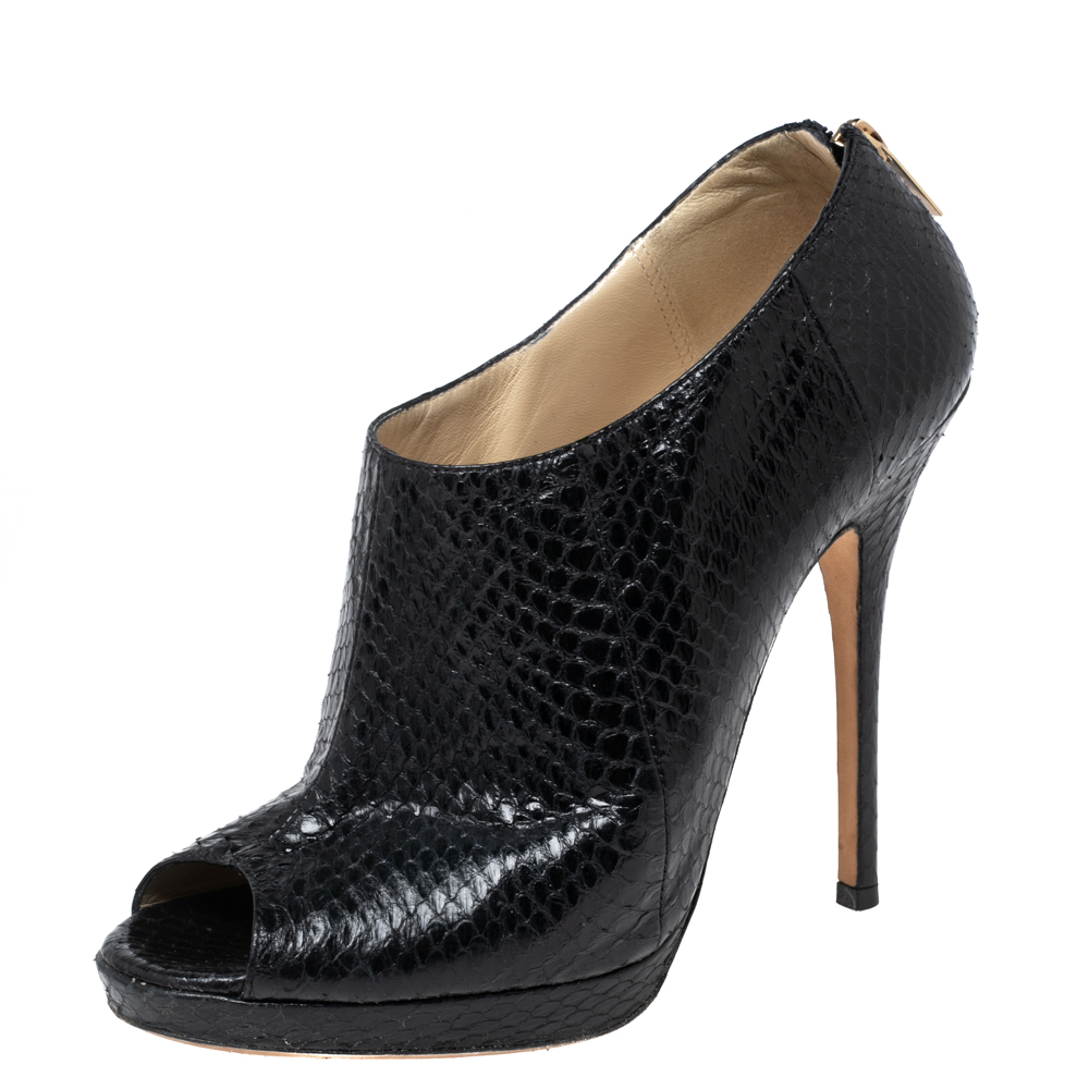 luxury-women-jimmy-choo-used-shoes-p612673-010-2 Jimmy Choo Black Python Leather Peep-Toe Ankle Booties Size 38.5