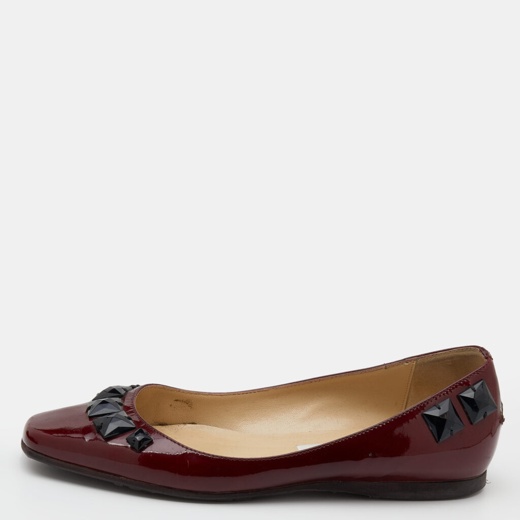 luxury-women-jimmy-choo-used-shoes-p618952-002-1 Jimmy Choo Burgundy Patent Leather Crystal Embellished Watson Ballet Flats Size 37.5