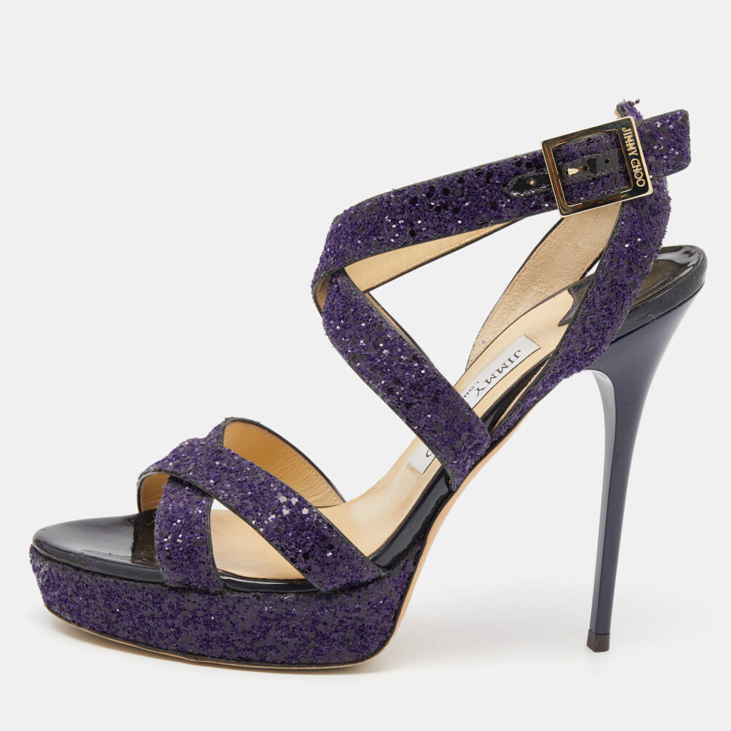 luxury-women-jimmy-choo-used-shoes-p619407-001-2 Jimmy Choo Purple Glitter Criss Cross Vamp Platform Sandals Size 39