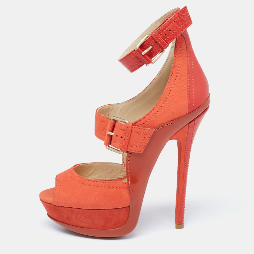 luxury-women-jimmy-choo-used-shoes-p622690-008-2 Jimmy Choo Orange Leather And Nubuck Platform Peep Toe Sandals Size 38