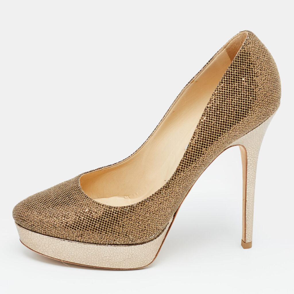 luxury-women-jimmy-choo-used-shoes-p622807-001-2 Jimmy Choo Gold Glitter Fabric And Embossed Leather Eros Platform Pumps Size 40