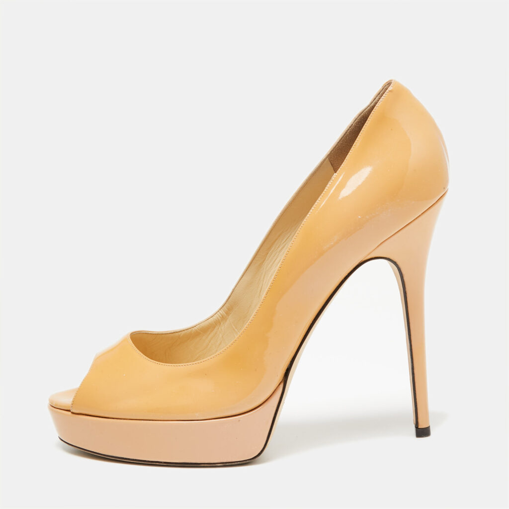 luxury-women-jimmy-choo-used-shoes-p637992-001-2 Jimmy Choo Beige Patent Leather Crown Peep-Toe Platform Pumps Size 41