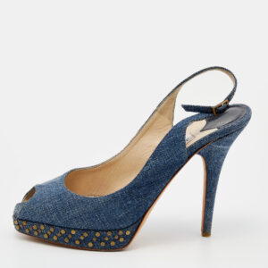 Jimmy Choo Blue Denim Peep Toe Slingback Sandals Size 37.5