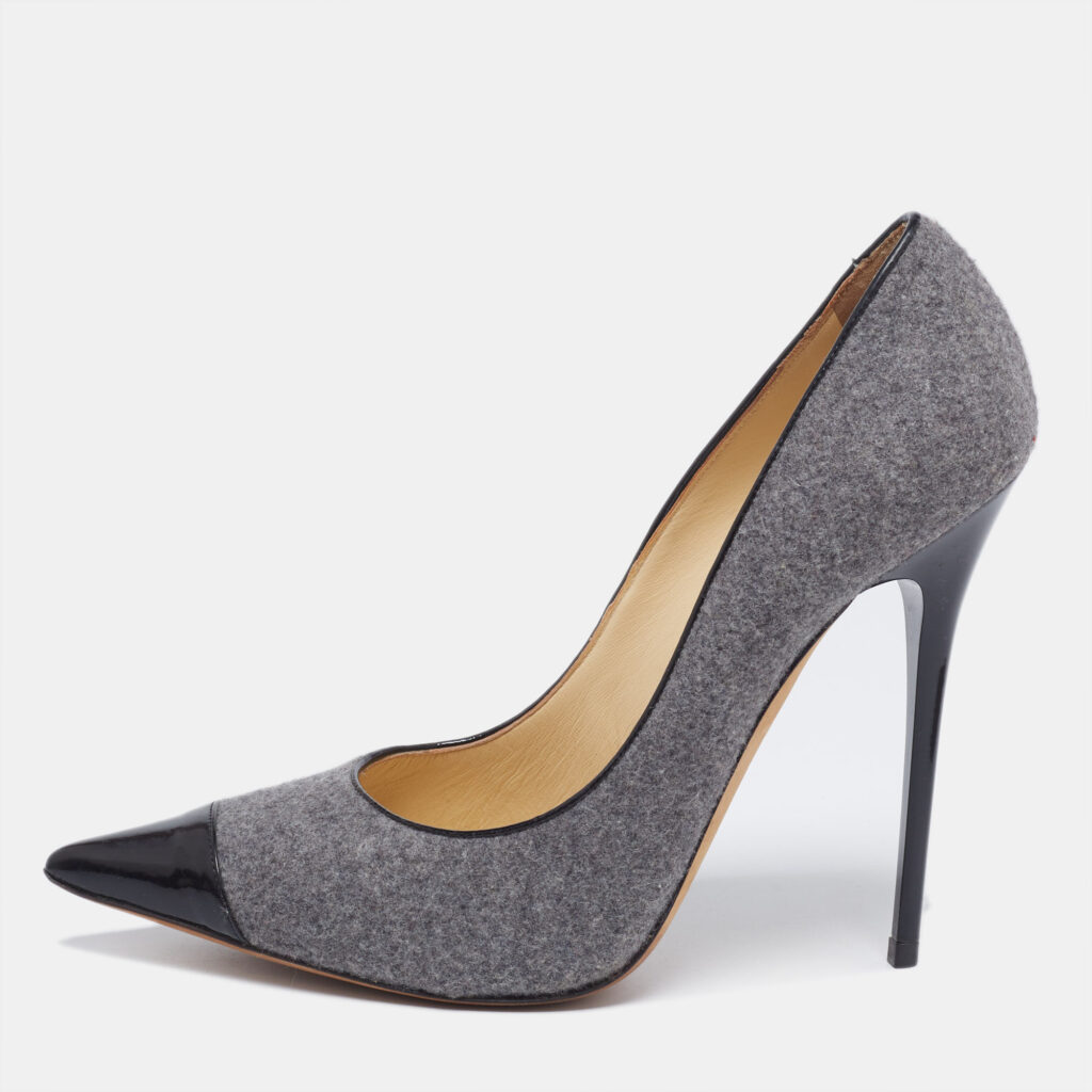 luxury-women-jimmy-choo-used-shoes-p645775-005-2 Jimmy Choo Grey/Black Wool and Patent Leather Pumps Size 39.5