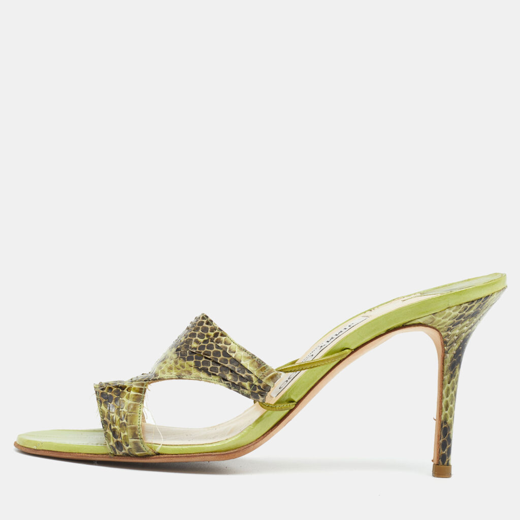 luxury-women-jimmy-choo-used-shoes-p646414-004-2 Jimmy Choo Green Snakeskin Leather Slide Sandals Size 38.5