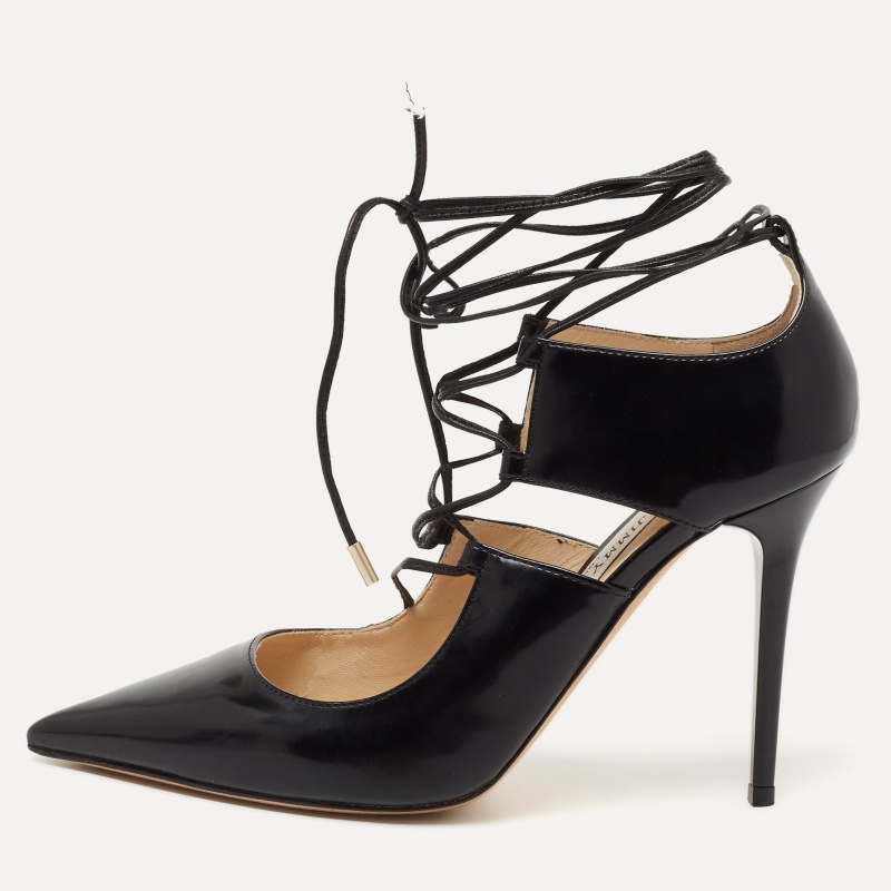 luxury-women-jimmy-choo-used-shoes-p647353-1654058499-001-1 Jimmy Choo Black Leather Hoops Lace Up Pumps Size 35.5