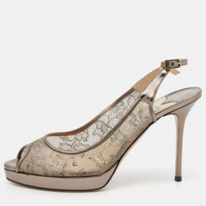 Jimmy Choo Metallic Brown Lace Dahlia Peep Toe Pumps Size 37