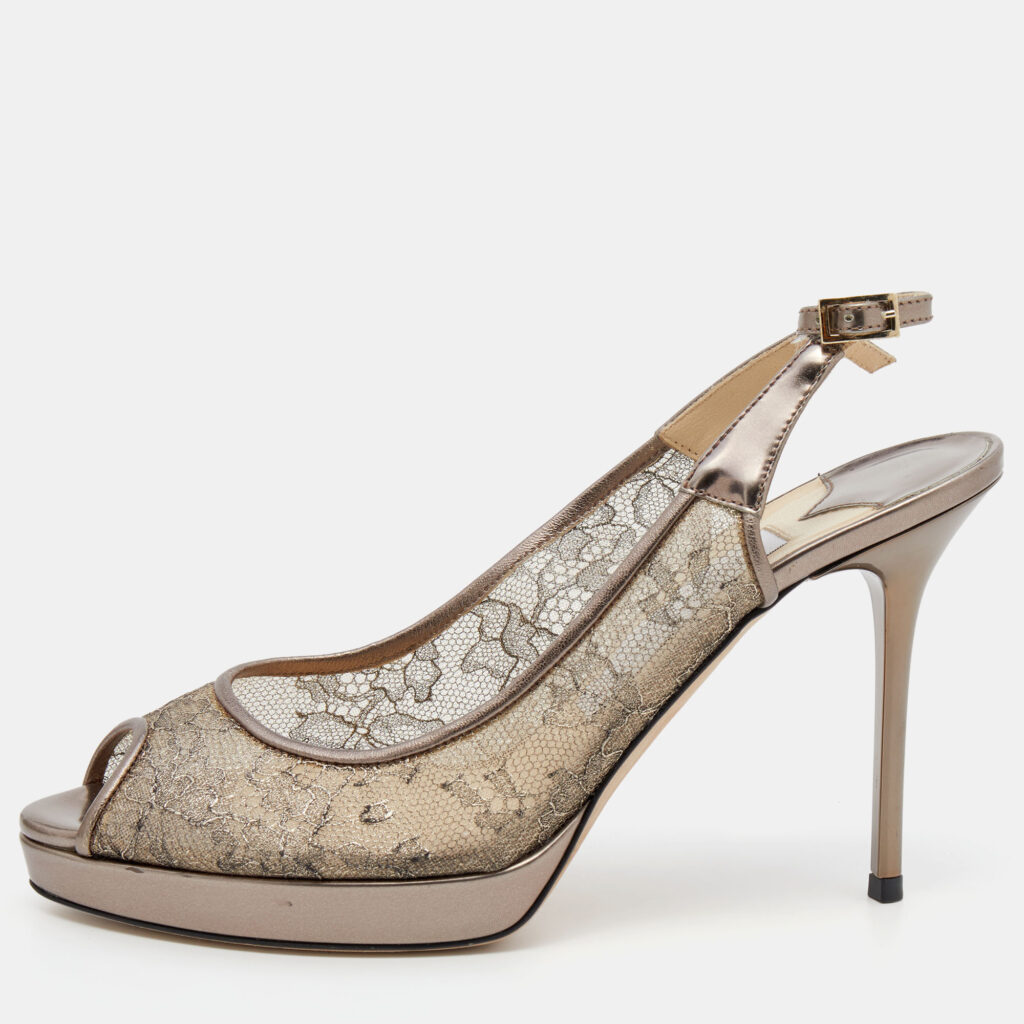 luxury-women-jimmy-choo-used-shoes-p653191-008 Jimmy Choo Metallic Brown Lace Dahlia Peep Toe Pumps Size 37