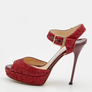 Jimmy Choo Red Glitter Linda Platform Ankle Strap Sandals Size 37.5