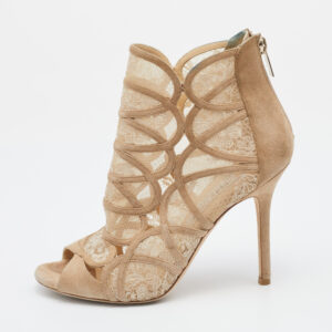 Jimmy Choo Beige Lace and Suede Flaunt Ankle Booties Size 37
