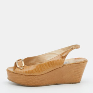 Jimmy Choo Beige Lizard Embossed Leather Slingback Wedge Sandals Size 39.5