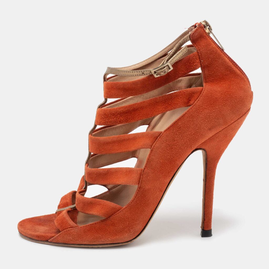 luxury-women-jimmy-choo-used-shoes-p686987-004-1 Jimmy Choo Orange Suede Fathom Strappy Cage Sandals Size 40
