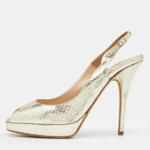Jimmy Choo Metallic Gold Snakeskin Embossed Leather Platform Slingback Sandals Size 39
