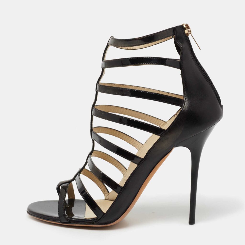 luxury-women-jimmy-choo-used-shoes-p715031-003 Jimmy Choo Black Patent Leather And Leather Gladiator Sandals Size 39.5