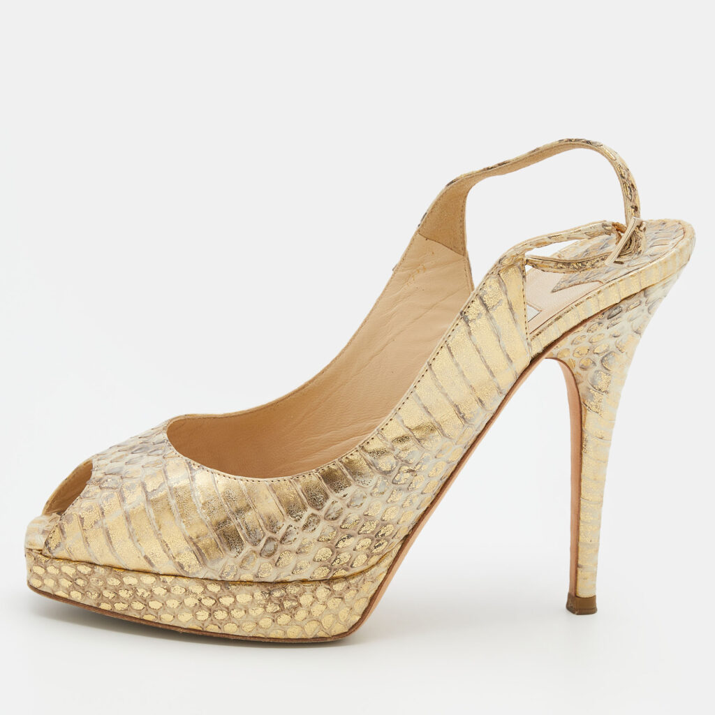 luxury-women-jimmy-choo-used-shoes-p718581-002 Jimmy Choo Metallic Gold Watersnake Platform Slingback Peep Toe Pumps Size 37.5