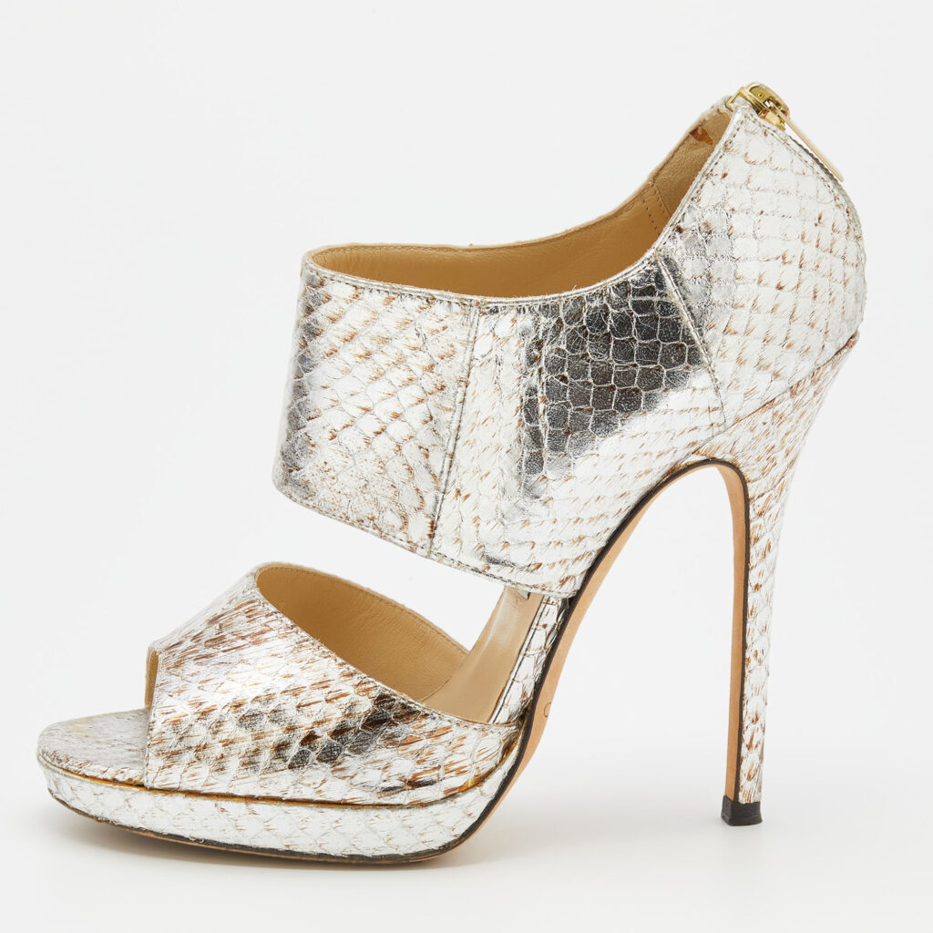 luxury-women-jimmy-choo-used-shoes-p718586-002 Jimmy Choo Metallic Silver Python Leather Private Open Toe Pumps Size 37.5