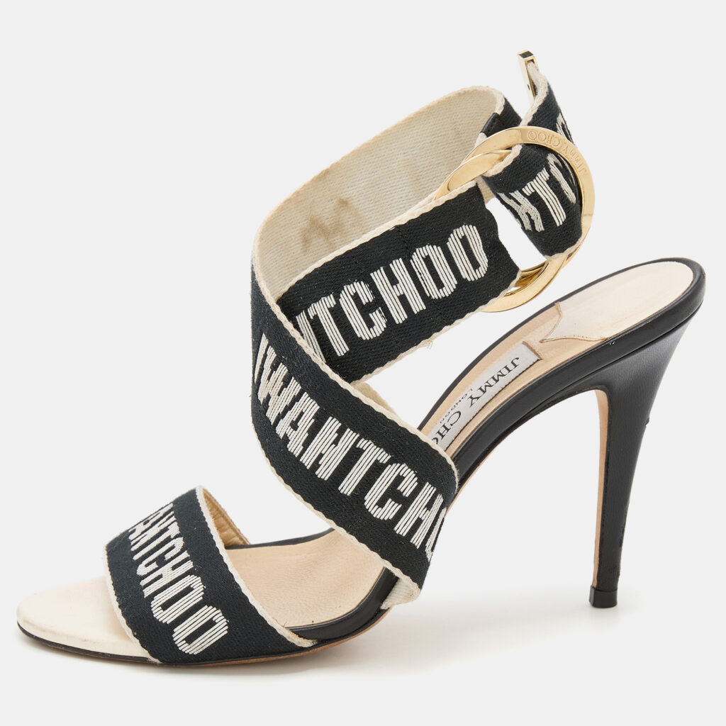 luxury-women-jimmy-choo-used-shoes-p726737-001 Jimmy Choo White/Black Web Bailey Logo Ankle Strap Sandals Size 38