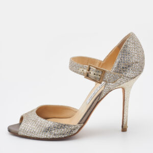 Jimmy Choo Gold Coarse Glitter Peep Toe Ankle Strap Sandals Size 38.5