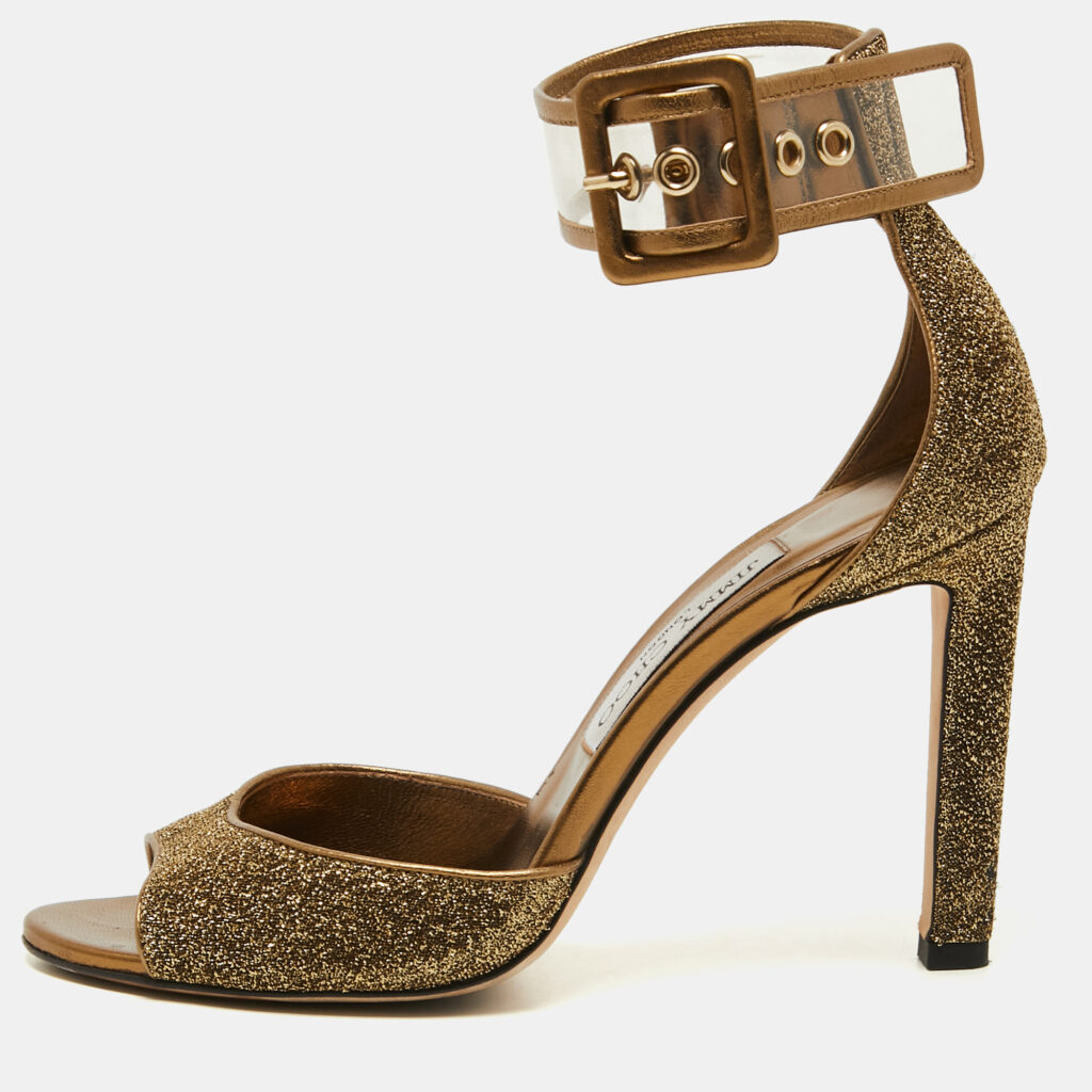 luxury-women-jimmy-choo-used-shoes-p770018-002 Jimmy Choo Metallic Lurex Fabric and PVC Moscow Ankle Strap Sandals Size 37.5