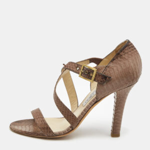 Choo Brown Watersnake Cross Strap Block Heel Sandals Size 39