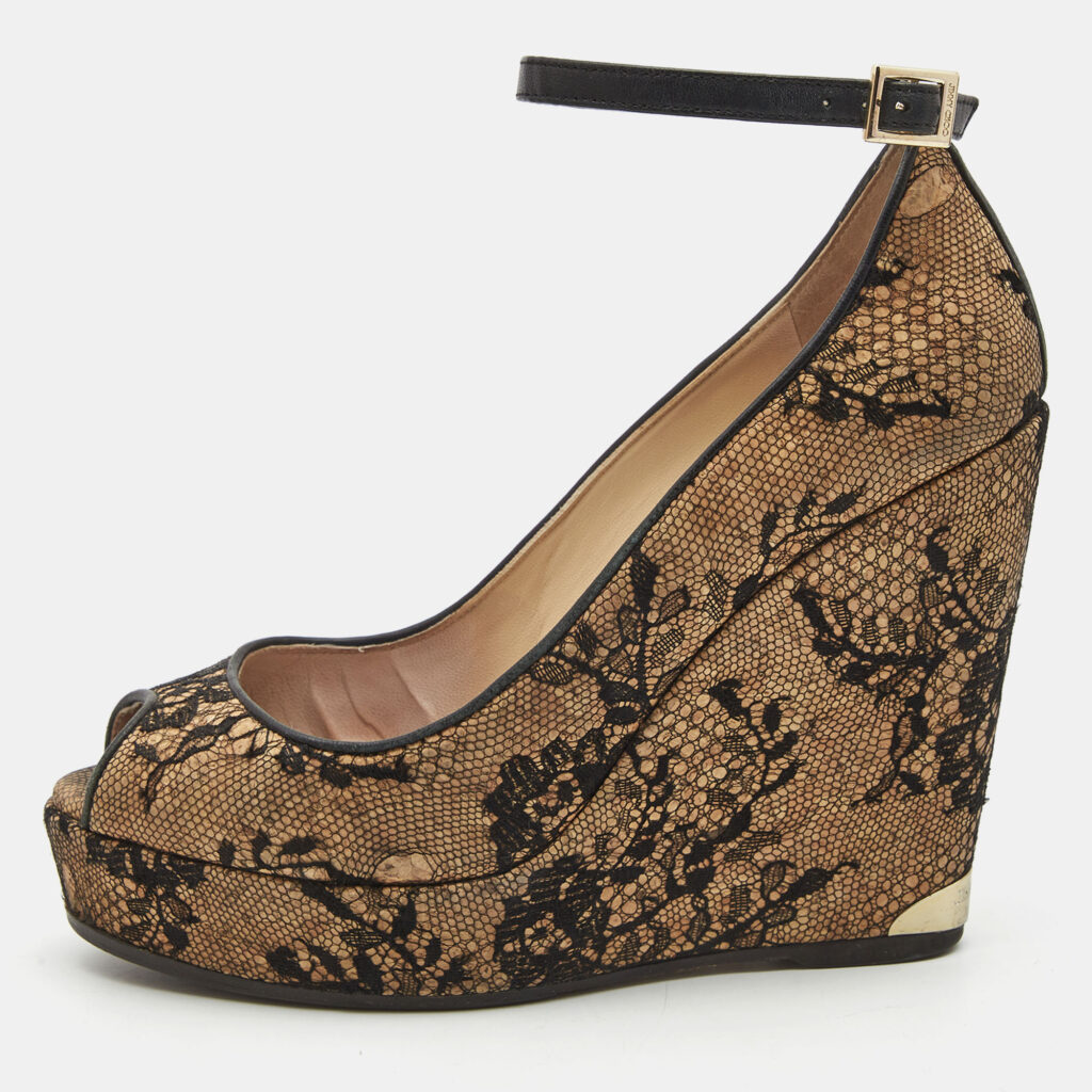luxury-women-jimmy-choo-used-shoes-p782859-012 Jimmy Choo Brown/Black Cork and Lace Wedge Ankle Strap Pumps Size 38