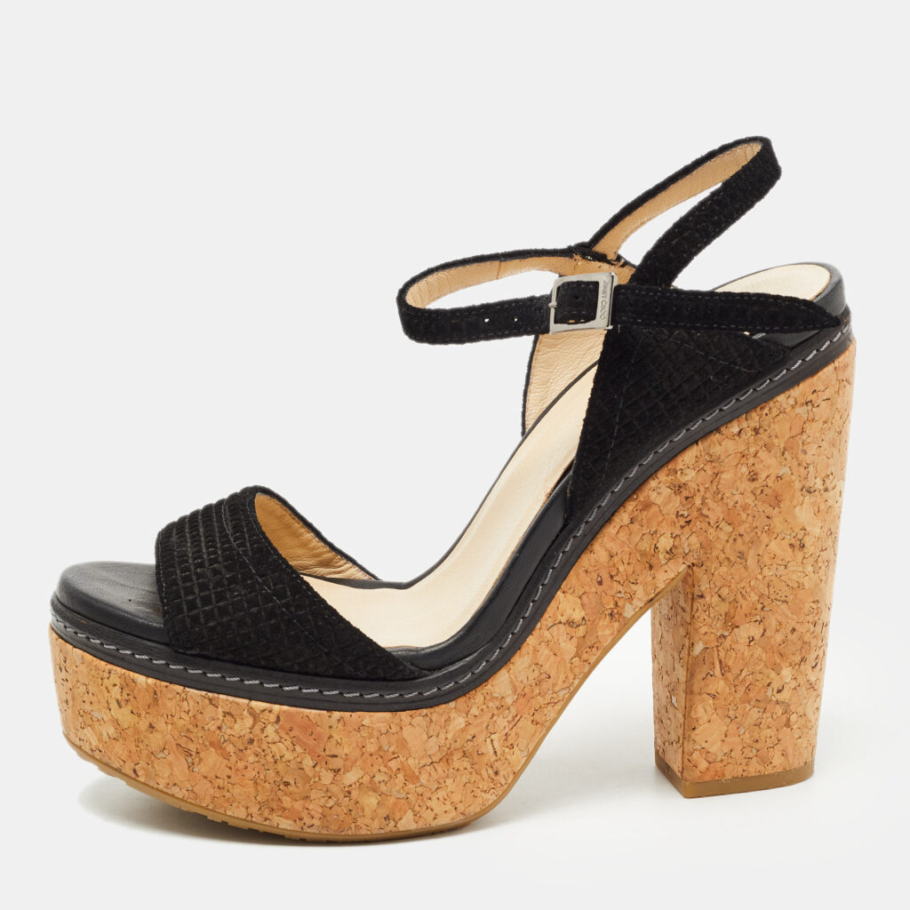luxury-women-jimmy-choo-used-shoes-p783722-001 Jimmy Choo Black Suede Cork Block Heel Sandals Size 41