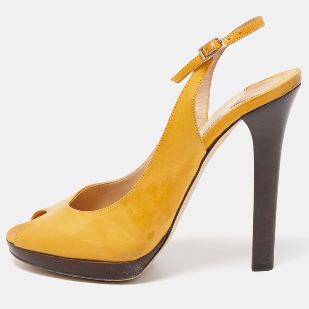 luxury-women-jimmy-choo-used-shoes-p788784-004 Jimmy Choo Yellow Leather Peep Toe Slingback Pumps Size 39.5