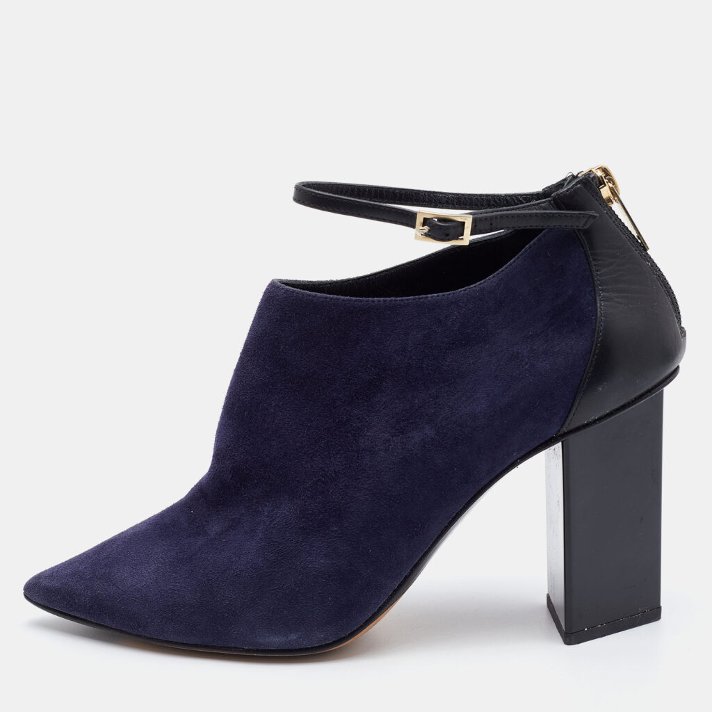 luxury-women-jimmy-choo-used-shoes-p790945-010 Jimmy Choo Blue/Black Suede and Leather Pointed Toe Ankle Strap Booties Size 37