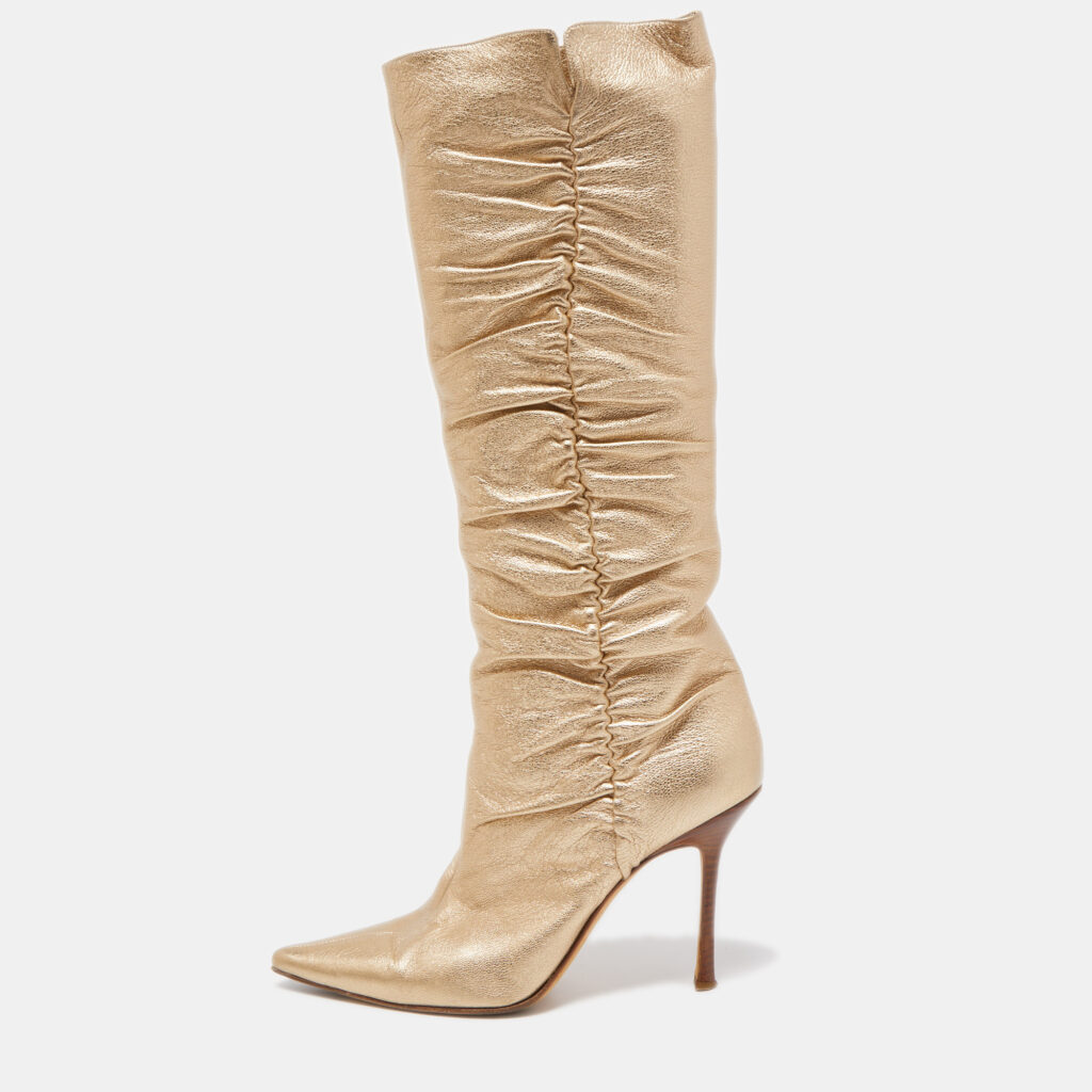 luxury-women-jimmy-choo-used-shoes-p791656-001 Jimmy Choo Metallic Gold Leather Knee Length Boots Size 41