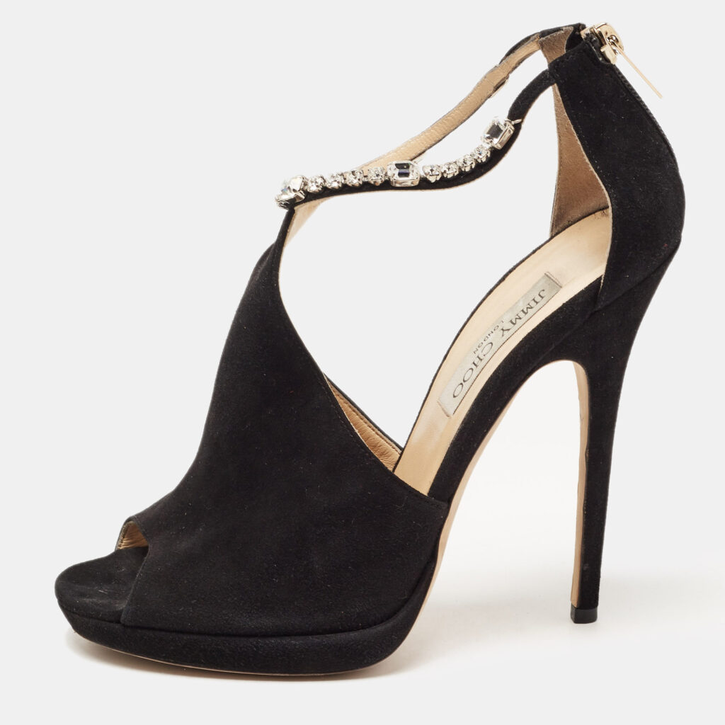 luxury-women-jimmy-choo-used-shoes-p801835-001 Jimmy Choo Black Suede Crystal Embellished Ankle Strap Sandals Size 40