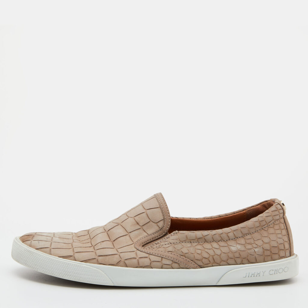 luxury-women-jimmy-choo-used-shoes-p805475-002 Jimmy Choo Taupe Croc Embossed Leather Slip on Sneakers Size 36.5