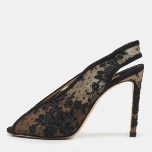 Jimmy Choo Black Suede and Embroidered Lace Open Toe Slingback Sandals Size 36.5