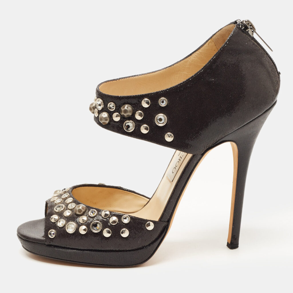 Jimmy Choo Black Studded Nubuck Leather Bonnie Back Zip Sandals Size 39