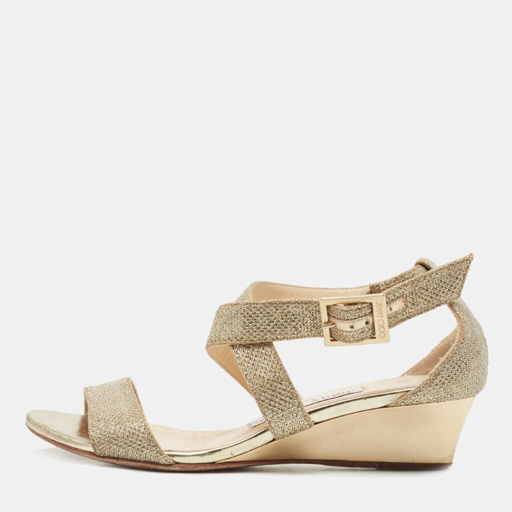 Jimmy Choo Gold Glitter Crisscross Wedge Sandals Size 34