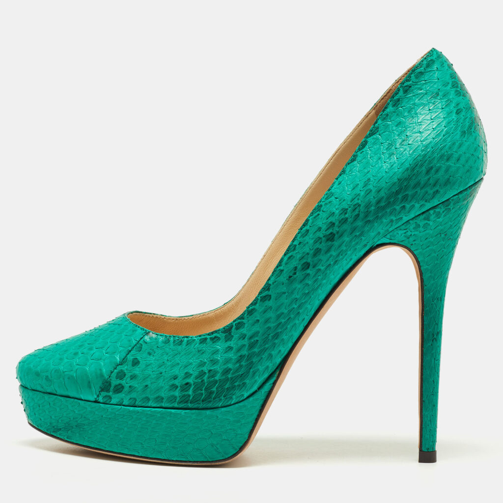 luxury-women-jimmy-choo-used-shoes-p832398-010 Jimmy Choo Green Watersnake Leather Platform Pumps Size 40