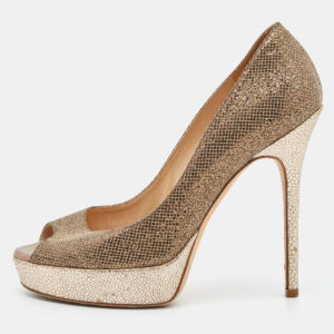 Jimmy Choo Gold Glitter Lam&egrave; Fabric Dahlia Platform Peep Toe Pumps Size 37.5