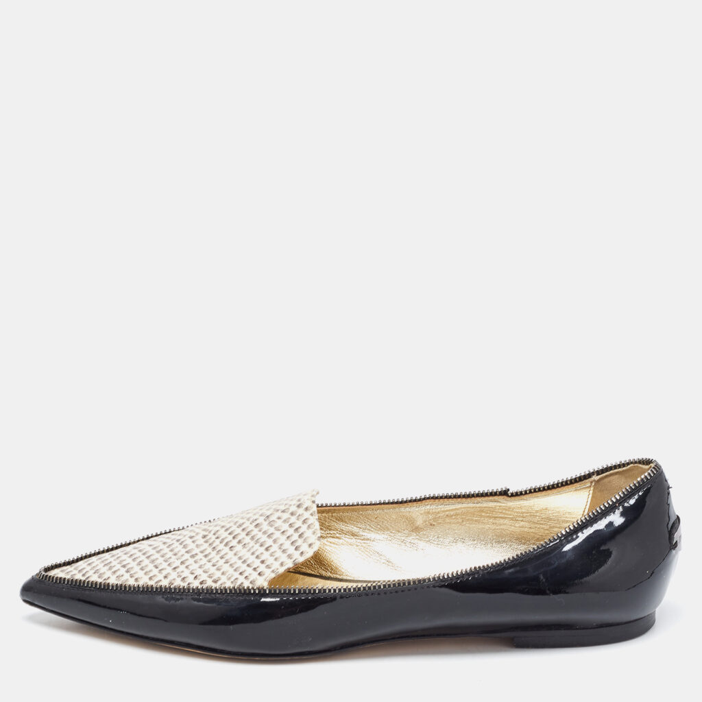 luxury-women-jimmy-choo-used-shoes-p837072-004 Jimmy Choo Black/Beige Leather and Embossed Python Pointed Toe Smoking Slippers Size 36.5
