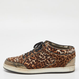 Jimmy Choo Brown/Metallic Leopard Print Calfhair and Mirrored Leather Miami Low Top Sneakers Size 38.5