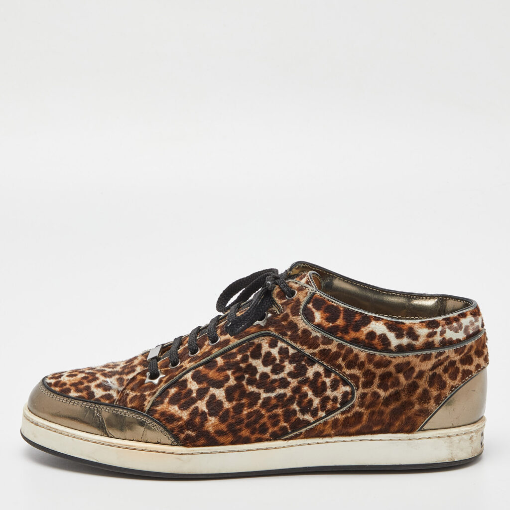 luxury-women-jimmy-choo-used-shoes-p838752-002 Jimmy Choo Brown/Metallic Leopard Print Calfhair and Mirrored Leather Miami Low Top Sneakers Size 38.5