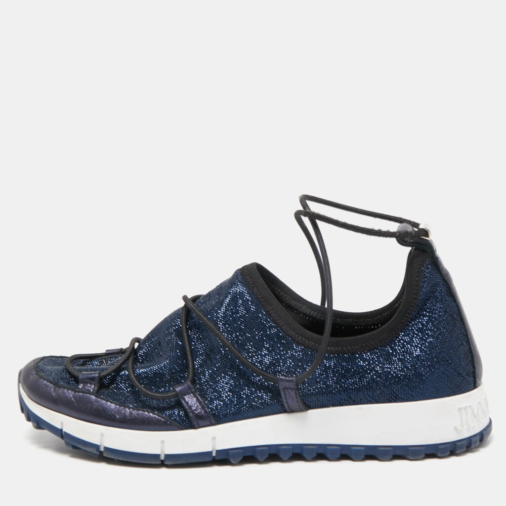 luxury-women-jimmy-choo-used-shoes-p840226-010 Jimmy Choo Navy Blue Lurex Fabric and Leather Andrea Sneakers Size 35