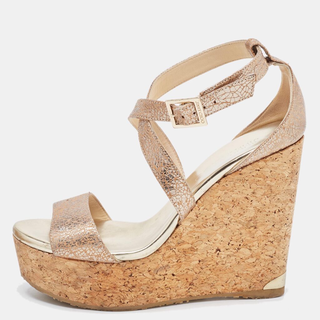 luxury-women-jimmy-choo-used-shoes-p890203-003 Jimmy Choo Metallic Gold Leather Cork Wedge Sandals Size 37