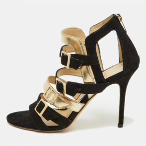 Jimmy Choo Black/Gold Suede and Patent Leather Booster Gladiator Sandals Size 38.5