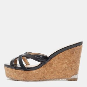 Jimmy Choo Black Leather and Suede Strappy Cork Wedge Slide Sandals Size 35.5