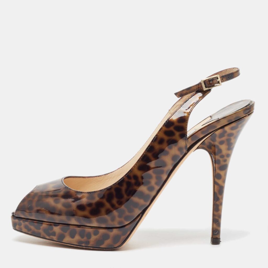 luxury-women-jimmy-choo-used-shoes-p901205-003 Jimmy Choo Brown Patent Tortoise Peep Toe Slingback Pumps Size 39.5