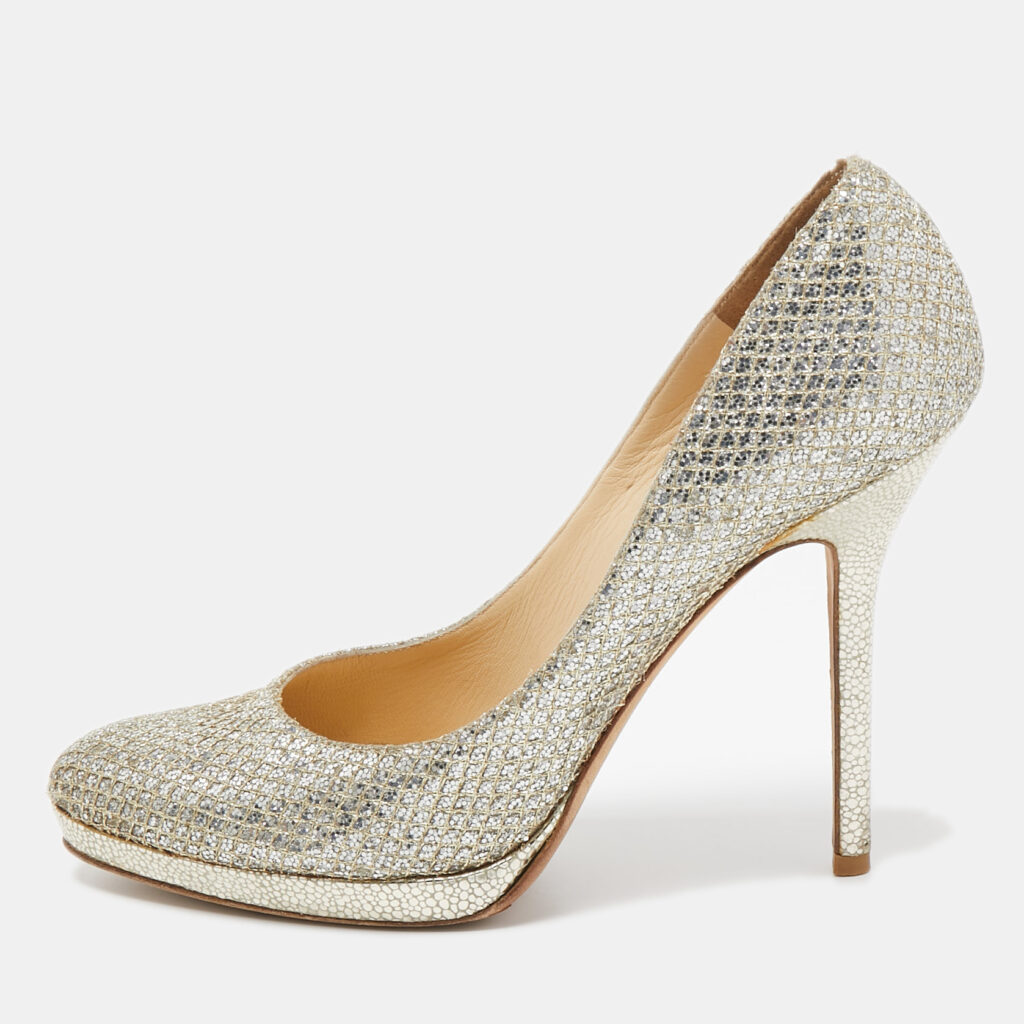 Jimmy Choo Silver/Gold Glitter Fabric Platform Pumps Size 36.5