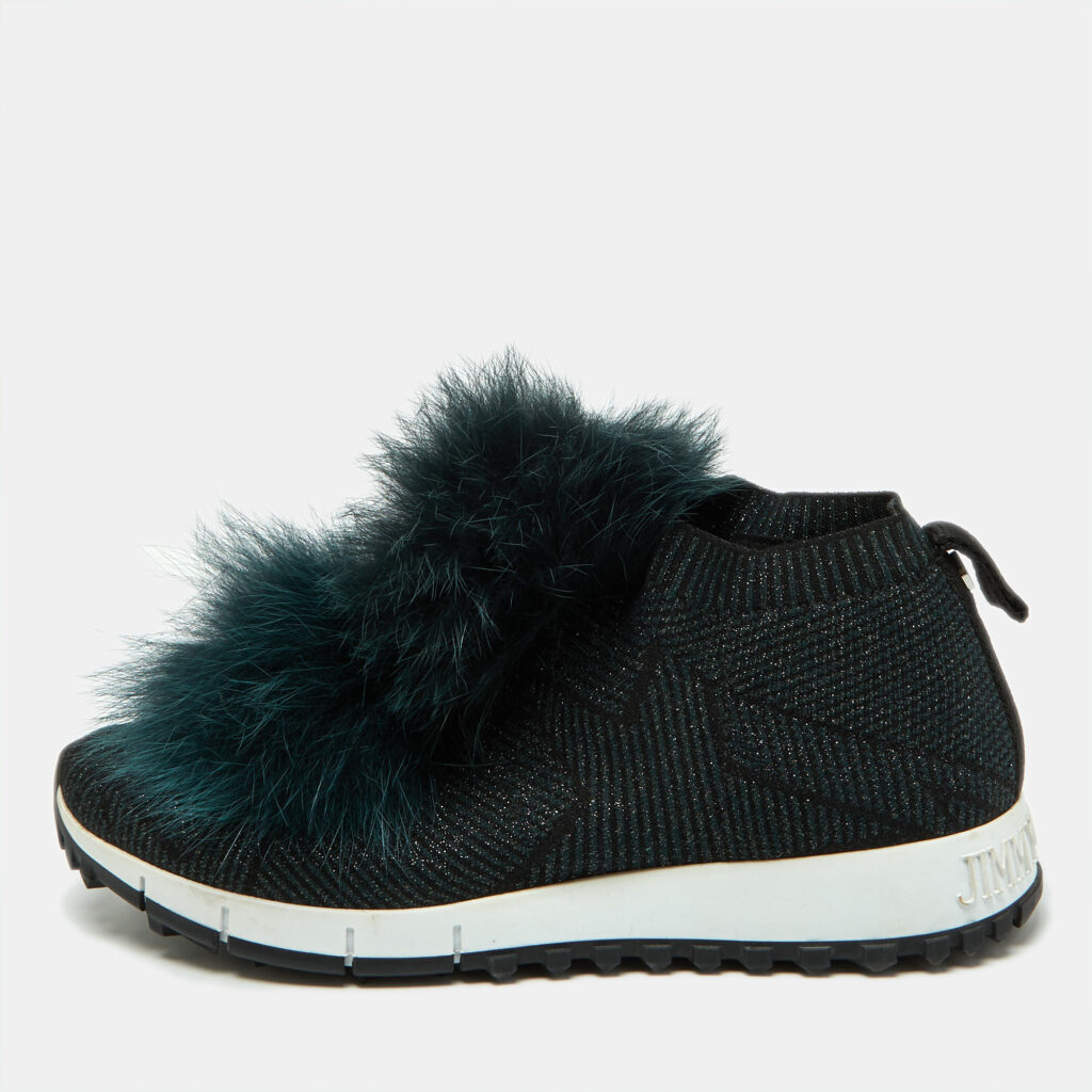 luxury-women-jimmy-choo-used-shoes-p918356-001 Jimmy Choo Deep Green Knit Fabric and Fur Pom Pom Norway Slip On Sneakers Size 35