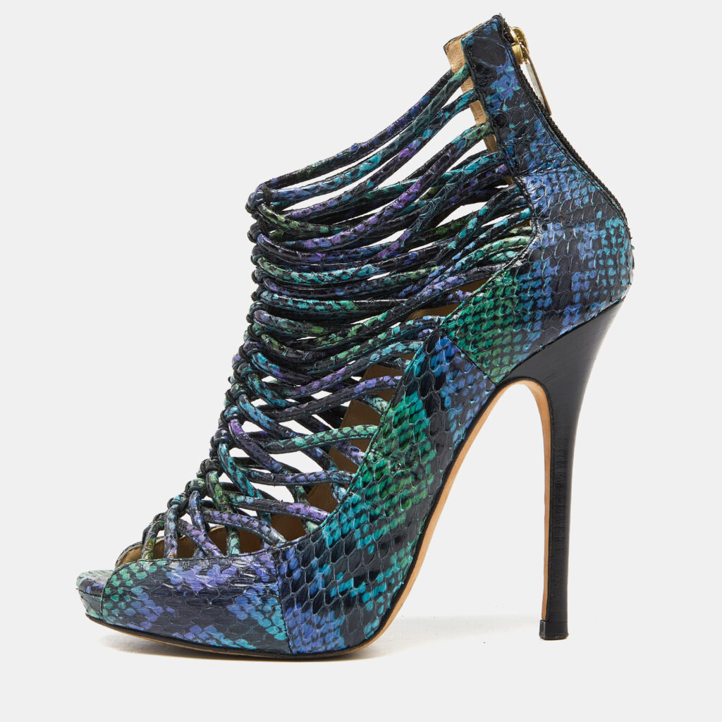 luxury-women-jimmy-choo-used-shoes-p922254-010 Jimmy Choo Tricolor Embossed Snakeskin Open Toe Strappy Sandals Size 36
