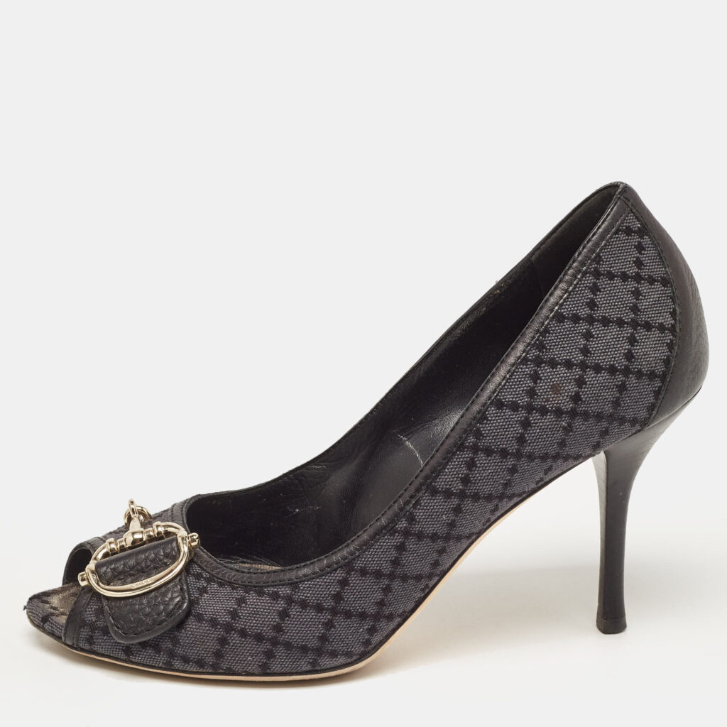 luxury-women-jimmy-choo-used-shoes-p924204-001 Gucci Two Tone Diamante Canvas and Leather Icon Bit Peep Toe Pumps Size 38