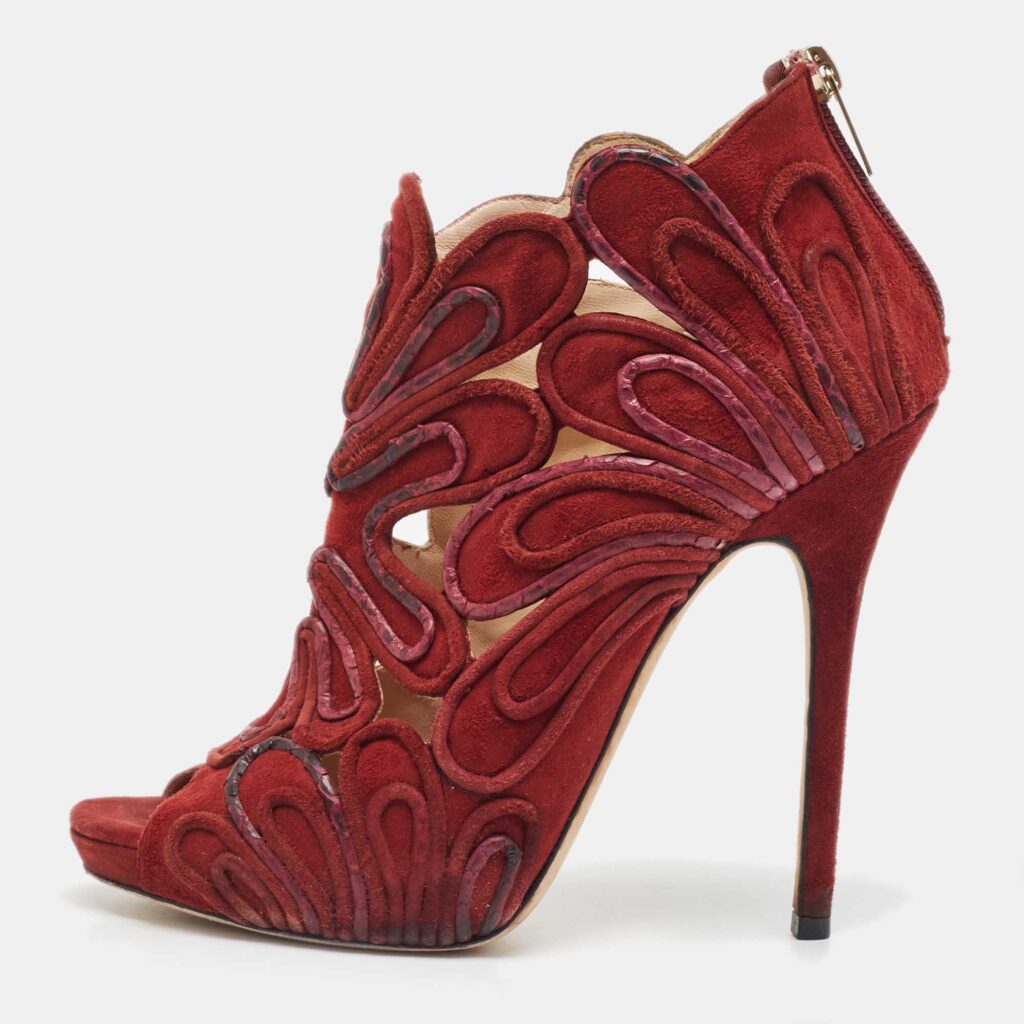 luxury-women-jimmy-choo-used-shoes-p925016-003 Jimmy Choo Burgundy Suede Floral Cut Out Peep Toe Ankle Booties Size 38